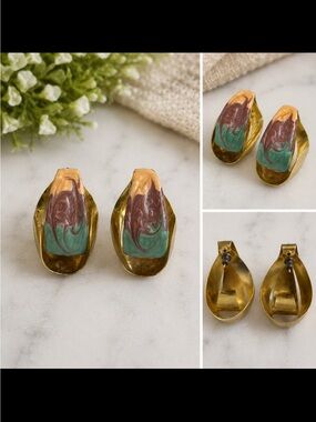 Vintage Gold Tone Abstract Swirl Enamel Statement Earrings